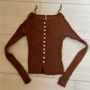 NWOT Free People Brown Ribbed Button-Down Long Sleeve Top, Size Small
